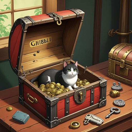 从前,一只好奇的猫走进了一个充满神秘物品的房间。每个物品都标有‘of’,以指示其来源或用途。猫被一把闪亮的钥匙吸引,上面写着‘宝箱的钥匙’。根据线索,猫找到了一个宝箱并打开了它,发现了一个奇妙的世界。