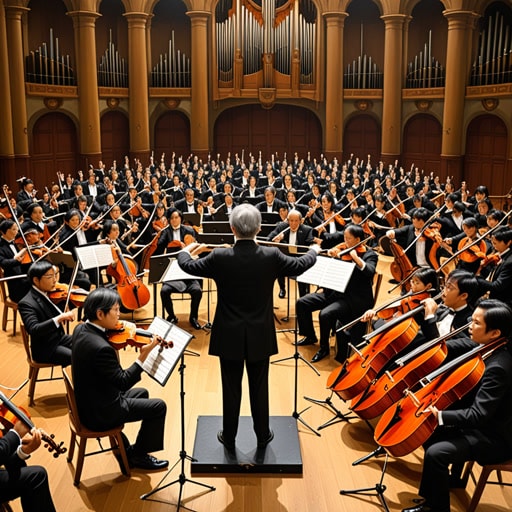 在一个宏伟的音乐厅里,管弦乐团正在为他们的表演做准备。指挥手持指挥棒,示意音乐家们开始。小提琴、大提琴和喇叭的声音充满了空气,创造出在大厅中回响的交响乐。观众被管弦乐的魔力所吸引,每一个音符都在他们心中描绘出一幅画面。