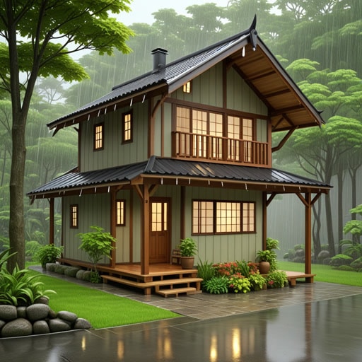 在一个小村庄里,有一座独特的房子,它有一个大的悬垂部分,可以遮雨。一天,一个旅行者在突如其来的暴雨中在悬垂下寻求庇护。悬垂不仅让旅行者保持干燥,还与房主就设计的好处进行了交谈。这次邂逅使旅行者为自己的房子采用了类似的设计,推广了功能性悬垂的概念。