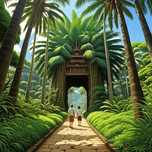 在热带天堂,有一位智者住在一棵高大的棕榈树下。一天,一位旅行者来找他寻求建议。智者微笑着,用手掌轻触旅行者的肩膀说:‘你寻求的答案就在你自己的手掌中。’旅行者困惑地看着自己的手掌,意识到手掌上的线条代表了他可以选择的道路。受到启发,他感谢了智者,并踏上了旅程,由棕榈树的智慧指引。