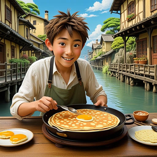 从前在一个小镇上,住着一位名叫杰克的年迈厨师。杰克以他做的美味煎饼而闻名,这些煎饼都是用他最喜欢的平底锅做的。一天,一位年轻的冒险家来到镇上,请求杰克教他在附近的河里淘金。杰克同意了,他们花了一整天淘金。令人惊讶的是,他们找到了一小块金块。年轻的冒险家非常兴奋,感谢杰克的指导。从那天起,杰克的平底锅不仅因为做煎饼而闻名,还因为找到了金子。