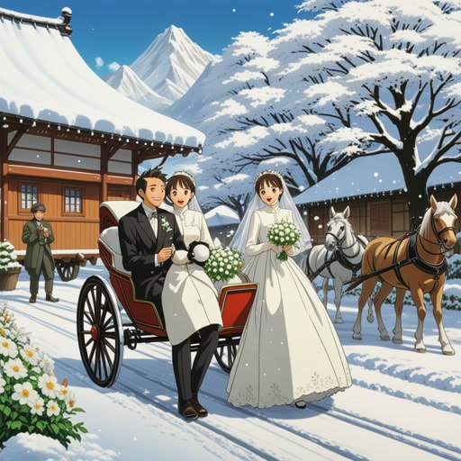 在一个小村庄里,有一个传统,新婚夫妇离开仪式时,人们会向他们投掷鲜花。有一年,一群特别调皮的人决定改用雪球投掷这对夫妇。这对夫妇虽然感到惊讶,但觉得很有趣,笑着跑向他们的马车,婚礼上的鲜花被白色的雪球取代了。