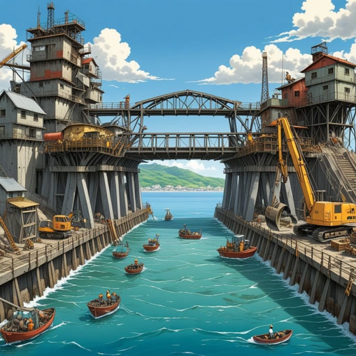 在一个沿海小镇,建造一座新桥需要大量的打桩工作。工人们忙着将钢和混凝土桩深深打入海底。一天,一只好奇的海豹看着工人们堆放重材料。海豹对这个过程感到着迷,决定帮忙,将一根桩推入水中,引起了一阵小骚动。工人们笑了,继续他们的打桩工作,感谢这意外的帮助。