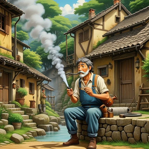 在一个小村庄里,有一个喜欢抽烟斗的老人。一天,村里的水管破裂了,这位擅长管道工作的老人决定修理它。在修理过程中,他哼着曲子,想象自己是一位吹奏笛子的音乐家。他的迅速行动不仅恢复了供水,也给村庄带来了和谐的感觉。