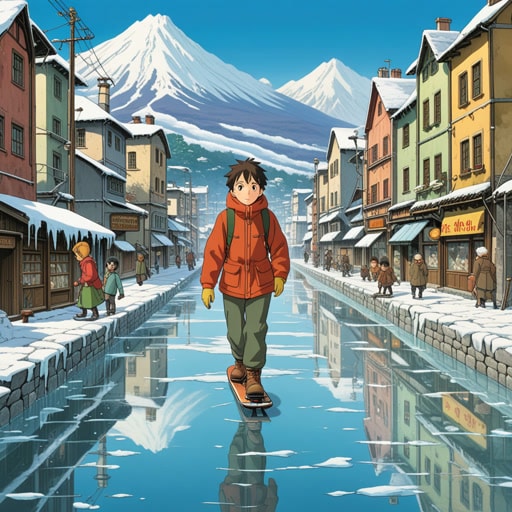 在一个小镇上,温度意外骤降,居民们纷纷寻找保暖的方法。随着温度计的急剧下降,显示已经达到冰点,镇上的人们聚集在火堆旁,用毯子裹紧自己。突然的降温也让湖面结冰,一个小男孩用铅锤检查冰层的厚度,确保滑冰安全。