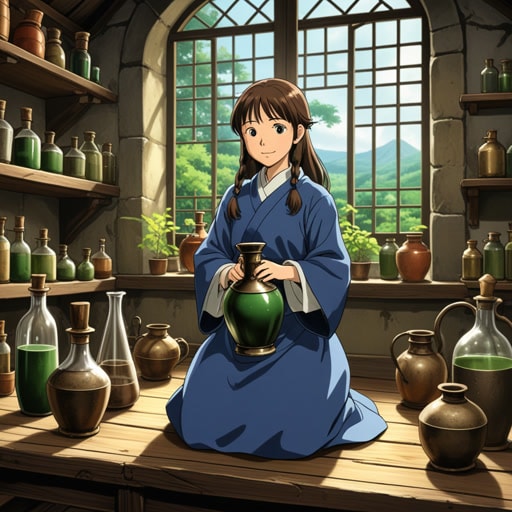 在一个神秘的国度里,住着一位以制作强力药水闻名的老炼金术士。一天,一位年轻的骑士来找他,希望得到一种能治愈他垂死妹妹的药水。炼金术士同意了,并酿造了一种特殊的药水。骑士带着药水回去,给他的妹妹服下。奇迹般地,她康复了。这种药水的力量不仅治愈了女孩,也给村庄带来了希望。