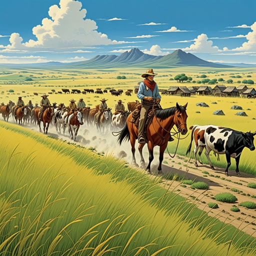 从前,在大草原的心脏地带,住着一群牛仔。他们在广阔的草地上放牧牛群,靠土地生活。一天,一场草原火灾威胁到了他们的营地。牛仔们齐心协力,利用他们对土地的了解引导牛群到安全地带。由于他们迅速的行动,他们成功地救出了牛群和他们的家园。