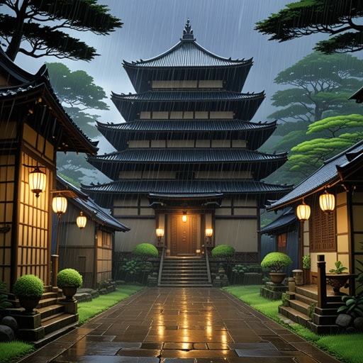 在一个小村庄里,有一个传统,晚上没有人可以进入古老的寺庙。一天,一个好奇的旅行者决定在晚上探索寺庙,但大雨阻止了他的计划。第二天早上,他得知寺庙被一个只在夜间出现的精灵保护。他无法进入,排除了任何危险。