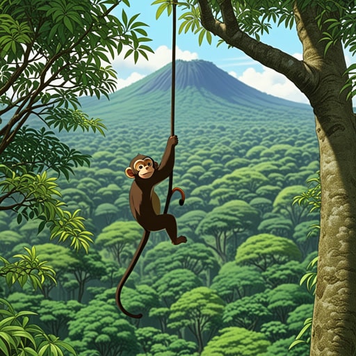 在茂密的丛林中,一只拥有能抓取尾巴的猴子优雅地在树枝间荡来荡去。它的尾巴不仅能抓取和保持,还是收集食物的工具。一天,当它荡来荡去时,发现了一棵高树上罕见的果实。利用它的能抓取的尾巴,它轻松地够到并抓住了果实,在树梢上享受了一顿美味的餐食。