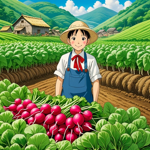 在一个小村庄里,有一个热爱种植萝卜的农民。有一年,他种的萝卜长得异常大,村民们称之为'巨型萝卜'。这位农民决定在村庄节日上用这些巨型萝卜制作一道特别的沙拉。节日非常成功,巨型萝卜沙拉成为了当地的传奇。