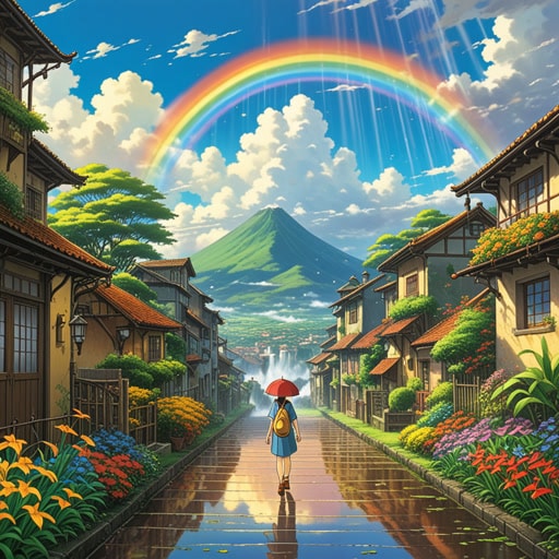 从前,在一个彩虹罕见的地方,住着一个名叫莉莉的小女孩。一天,一场大雨后,天空中出现了一道壮丽的彩虹。莉莉被它的美丽深深吸引,决定跟随它。她走的时候,彩虹似乎在不断后退,但她没有放弃。最终,她到达了彩虹的尽头,发现了一罐金子。从那天起,莉莉被称为找到彩虹尽头的小女孩。