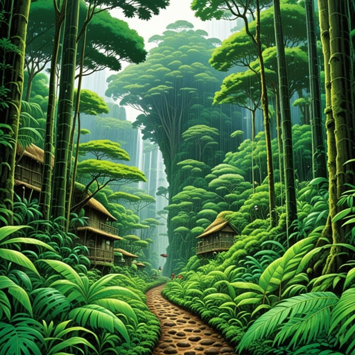 在雨林的心脏地带,有一个隐藏的村庄,那里的土著人与自然和谐共生。持续的雨水滋养着茂密的植被,为无数物种提供了一个家园。一天,一群探险家冒险进入雨林,试图揭开它的秘密。他们沿着蜿蜒的小径前行,对周围生命的多样性感到惊叹,从高耸的树木到微小的昆虫。探险家们了解到保护雨林对后代的重要性。