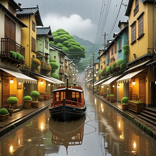 从前,在一个小镇上,雨季刚刚开始。街道上满是水坑,空气凉爽清新。孩子们喜欢在雨中玩耍,在水坑里溅水,做纸船在小溪中航行。多雨的天气不仅给孩子们带来了欢乐,也滋养了土地,确保了今年晚些时候的丰收。