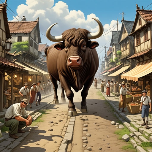 在埃尔德里奇这个小镇,一头公牛从当地的农场逃了出来,开始在街道上横冲直撞,引起了混乱。镇上的人们惊恐万分,因为公牛在市场里横冲直撞,摧毁了摊位,散落了商品。最后,农场主设法让公牛平静下来,并将其带回农场,恢复了小镇的平静。