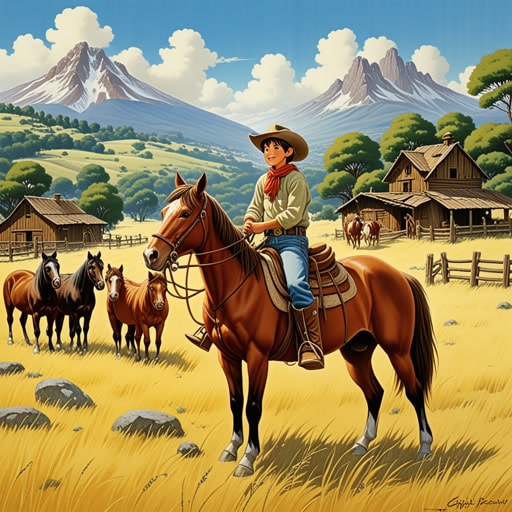 从前,在美国西部的中心有一个大牧场。这个牧场是数百头牛和马的家。一天,一个名叫杰克的年轻牛仔作为牧场工人加入了这个牧场。他迅速的行动和辛勤工作很快使他成为牧场团队中宝贵的成员。牧场以其广阔的空间和它提供的自由,成为了杰克新生活和冒险的象征。