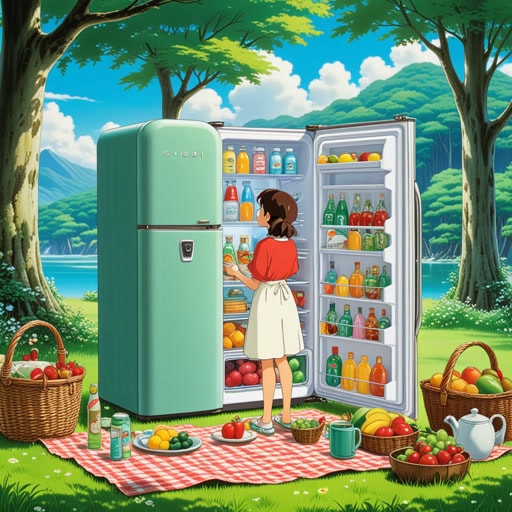 在一间温馨的小屋厨房里,有一个大冰箱。它不仅仅是一个冰箱;它是厨房的心脏,保持所有食物新鲜和凉爽。一个炎热的夏日,一家人决定去野餐。他们把冰箱装满冰块和饮料,确保他们在户外有一个凉爽和清新的时光。冰箱,以其凉爽的拥抱,成为了当天默默无闻的英雄。