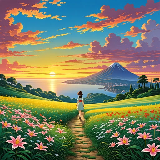 在一个阳光总是灿烂的地方,住着一位名叫莉莉的年轻艺术家。她被日落的灿烂色彩所吸引,决定将其画下来。她的画作充满了灿烂的色彩,因此变得著名,并为她带来了巨大的认可。