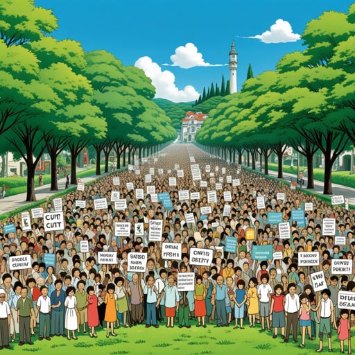 在一个小镇上,市长宣布了一项新政策,为了发展将砍伐当地公园的树木。市民们在一位热情的环境保护者艾玛的带领下,决定抗议。他们组织了一次和平抗议,举着标语,对这一决定表示反对。市长被他们的热情和社区的团结所感动,重新考虑并取消了计划。艾玛迅速采取抗议行动,不仅拯救了树木,也加强了社区的联系。