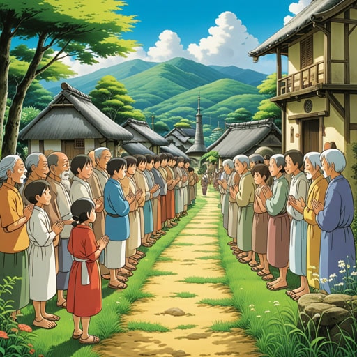 在一个小村庄里,有一位老人,他总是受到所有人的恭敬尊重。一天,在一个宗教节日期间,村民们聚集起来祈祷。老人带领祈祷,说话恭敬且充满敬意。他的行为和言语激励每个人在日常生活中更加恭敬和尊重。