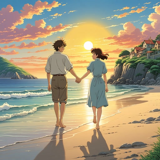 从前,在一个沿海小镇上,住着一对深爱的情侣。每天傍晚,他们都会沿着海滩散步,在日落时分浪漫地手牵手。他们的爱情故事激励了许多人,展示了真正的浪漫可以在日常时刻存在。