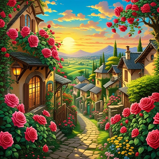 在一个小村庄里,有一个美丽的玫瑰园。每天早晨,玫瑰随着太阳升起而绽放,色彩鲜艳。一天,一位年轻的艺术家来到这个村庄,被玫瑰所启发。他画了一幅美丽的花园画,这幅画一举成名,给村庄带来了繁荣。
