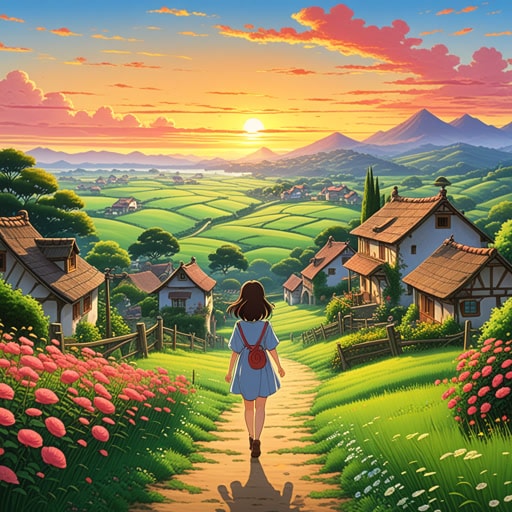 在一个小村庄里,住着一个脸颊红润的女孩。每天早晨,她都会穿过田野,她的脸颊像黎明时分的玫瑰色天空一样发光。一天,一位路过的画家注意到了她,并受到启发,以她为模特,在玫瑰色的日出背景下画了一幅画。这幅画变得有名,女孩红润的脸颊成为了健康和美丽的象征。
