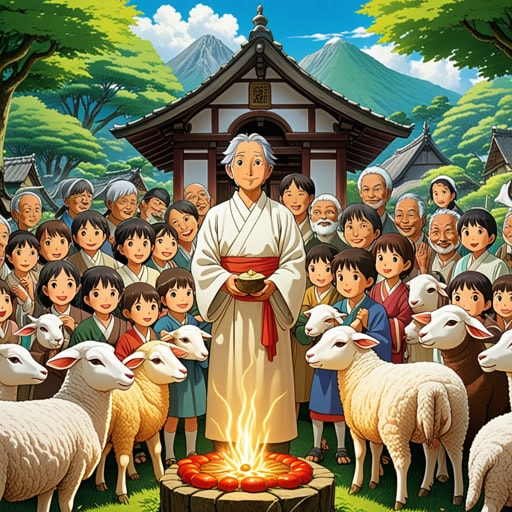 在古代,举行了一场牺牲仪式以向神明致敬。村民们选了一只象征纯洁和无辜的牺牲羔羊。羔羊被带到祭坛,作为奉献和感激的象征被献上。这种牺牲行为被认为能为村庄带来祝福和保护。