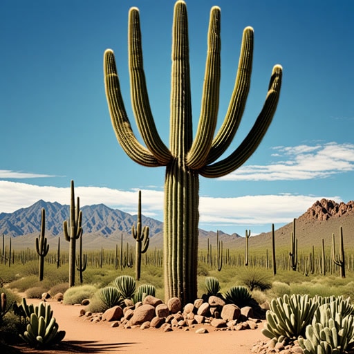 在美国西南部的广阔沙漠中,saguaro仙人掌高高耸立,骄傲而自豪。它是韧性和长寿的象征。一天,一位在沙漠中迷路的旅行者,在saguaro巨大的枝干下找到了庇护。这种仙人掌,以其深根和丰富的水分,为旅行者提供了希望和方向感。尽管沉默,saguaro却传达了关于生存和耐力的深刻信息。