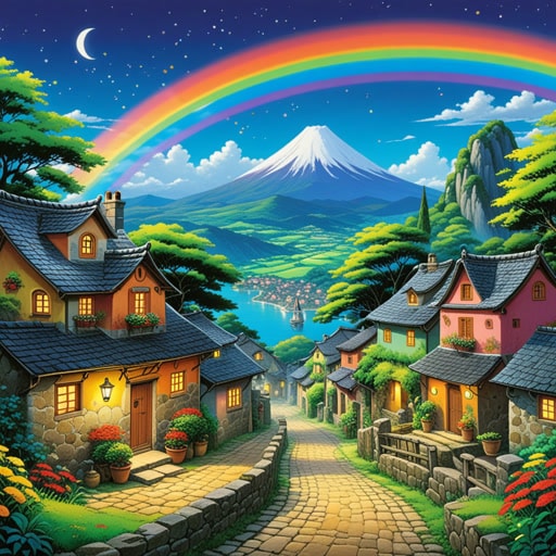 在一个小村庄里,有一块会闪烁出彩虹所有颜色的魔法石。村民们相信它会带来好运。一天晚上,一个好奇的旅行者发现了这块石头,并被它闪烁的美丽所吸引。他把它带回家,从那天起,他的生活充满了快乐和繁荣。