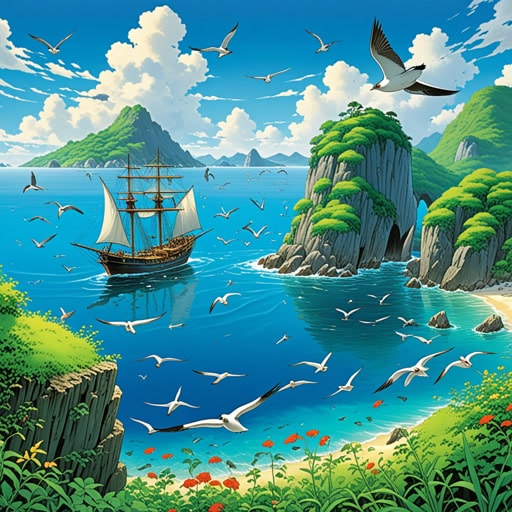 从前,有一个被清澈海水环绕的美丽岛屿。这个岛是各种海鸟的家园。一天,一群海鸟注意到一艘船正在靠近。它们跟随船只,希望能找到食物。当船将残羹剩饭扔进海里时,海鸟们俯冲下去捕捉。这对海鸟来说成了日常,每次捕捉都使它们变得更加强壮和敏捷。