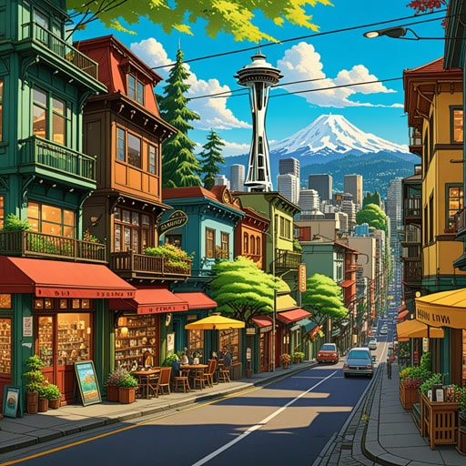 在西雅图,这座以其充满活力的科技场景和标志性的太空针塔而闻名的城市,一位名叫亚历克斯的年轻企业家开了一家小咖啡店。他的生意迅速增长,受到了这座城市创新精神的启发。西雅图,以其独特的自然与科技融合,成为了他成功故事的完美背景。