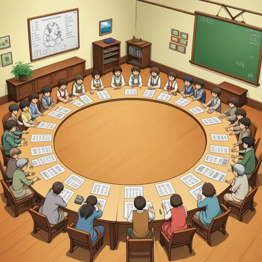 有一次在教室里,老师让学生们围成一个半圆形。这个半圆形让每个人都能清楚地看到和听到老师。老师然后在黑板上画了一个半圆形,并解释了它的性质。学生们了解到半圆是圆的一半,并练习画图和计算其面积。