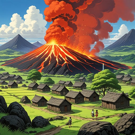 在一个火山地区,熔岩缓慢流动,随着逐渐冷却,呈现出半熔化的状态。村民们熟悉这一现象,利用这些半熔化的岩石建造他们的家园,知道它们会随着时间的推移而硬化。