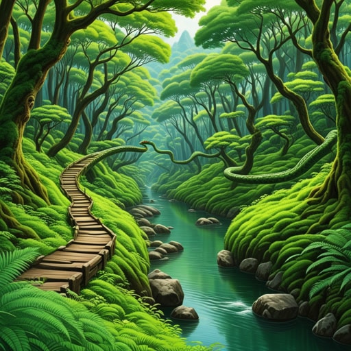 在一片茂密的森林中,有一条蜿蜒的河流,它像蛇一样在树木间曲折前行。这条河流以其美丽、曲折的路径而闻名,它的走势和蛇的动作相似。一天,一群探险家决定沿着这条河走,希望能发现它的源头。当他们沿着蜿蜒的弯道前行时,遇到了各种野生动物和令人惊叹的风景,使他们的旅程既充满挑战又充满回报。