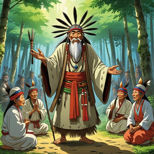 在一个偏远的村庄里,住着一位以能与灵魂沟通而闻名的老萨满。一天,一种神秘的疾病袭击了村庄。萨满运用他的古老知识,进行了一系列的仪式。随着每一次吟唱和舞蹈,灵魂得到了安抚,疾病开始消退。村民们对萨满迅速而有效的干预表示感激。