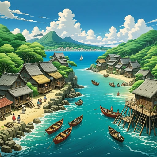 从前,有一个小村庄位于岸边。村民们依靠大海维持生计。一天,一场风暴袭击了岸边,促使村民们加固他们的家园。风暴过后,他们在岸边发现了一笔被冲上岸的宝藏,这永远改变了他们的生活。