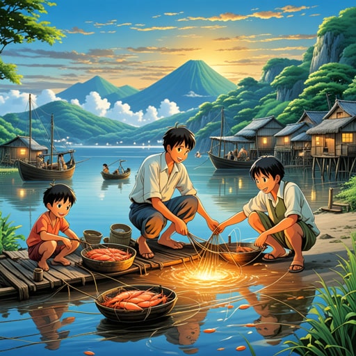 从前,有一个以捕虾为主要职业的小渔村。每天早晨,村民们都会出海捕虾。一天,一个名叫杰克的年轻男孩决定加入他们。他对渔民们熟练捕虾的技巧感到惊讶。那天晚上,村庄举行了一场虾宴,杰克知道他已经找到了自己的使命。