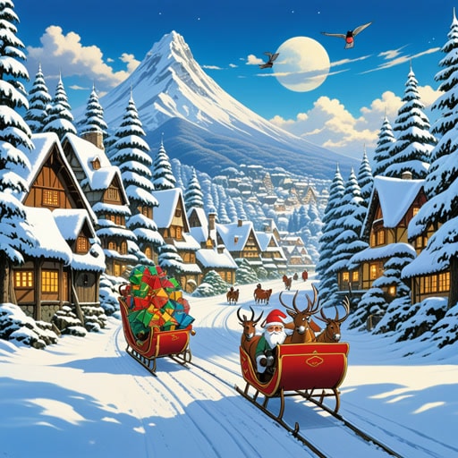 在一个雪覆盖的村庄里,有一家人非常喜欢乘雪橇。每年冬天,他们都会乘雪橇穿过森林,享受清新的空气和雪橇铃铛的声音。一个圣诞夜,他们遇到了一个神奇的雪橇,它可以飞。乘坐这个雪橇,他们环游世界,给遇到的每一个人带去欢乐和礼物。