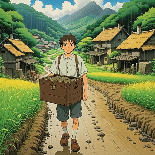 在一个小村庄里,有一个年轻的农夫名叫杰克。每天,他都不得不在田里艰难地工作,尤其是在大雨之后。一天,当他在泥泞中艰难行走时,发现了一个隐藏的宝箱。这个意外的发现使他的辛苦工作变得值得。