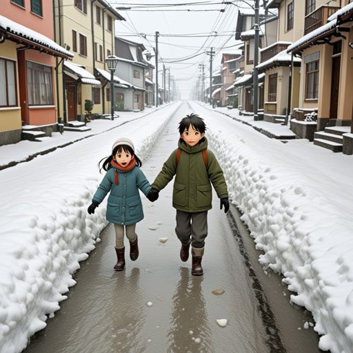 在一个小镇上,冬天带来了大雪。随着天气变暖,雪开始融化成雪泥,街道上变得湿滑不堪。一天,一个名叫莉莉的孩子在雪泥上滑倒了。她的父亲看到这一幕,决定清理雪泥以防止更多的事故发生。他的迅速行动不仅帮助了莉莉,也让小镇变得更加安全。