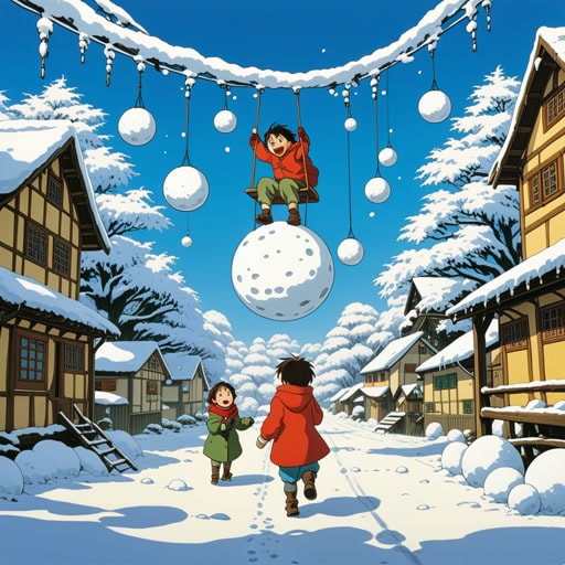 在一个小村庄里,冬季庆典正在热闹地进行。孩子们正在进行雪球大战,欢笑声充满了空气。他们不知道,他们的雪球大战是生活的隐喻。当他们投掷雪球时,每一次击中似乎都创造了更多的雪球,就像生活中的挑战如果不妥善处理,可能会像滚雪球一样变成更大的问题。但现在,他们享受着这一刻,投掷雪球,创造回忆。