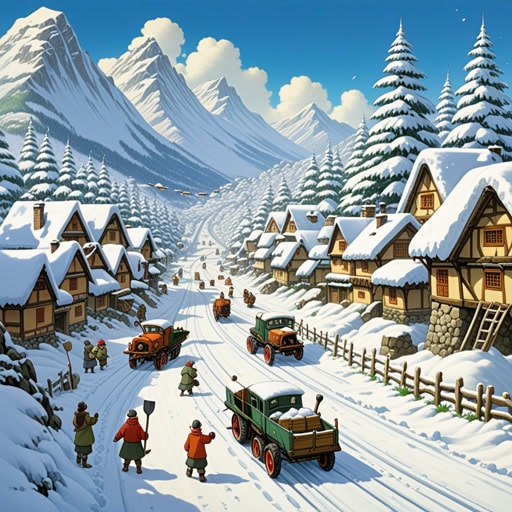 在深冬,一个小村庄被深深的雪堆覆盖。孩子们喜欢在这些雪堆中玩耍,建造堡垒和打雪仗。一天,村边形成了一个特别大的雪堆,阻塞了主要道路。村民们齐心协力清理雪堆,使用铲子甚至小型扫雪机。他们的努力不仅清除了道路,也使社区更加团结。