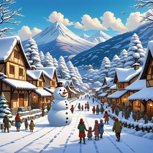 从前,在一个被多雪山脉环绕的小村庄里,住着一群快乐的村民。每个冬天,多雪的景色将村庄变成了一个神奇的仙境。孩子们喜欢在雪中玩耍,堆雪人和打雪仗。在一个特别多雪的日子里,村民们决定举办一个雪节,有冰雕和雪人比赛。多雪的天气让社区团结起来,创造了难忘的回忆。