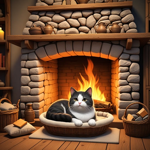 在一个温馨的小屋里,一只猫舒适地蜷缩在壁炉旁的篮子里。炉火的温暖使得房间温暖舒适,猫满意地打着呼噜睡着了。外面风声呼啸,但屋内一切都是那么安全舒适。