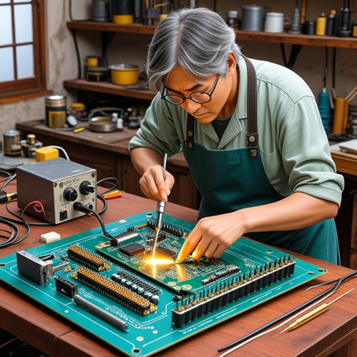 在一个小电子工作坊里,约翰正在处理一个复杂的电路板。他需要连接几根细小的电线,唯一的方法就是使用焊料。当他加热焊铁时,焊料熔化并顺畅流动,在电线之间形成了坚固的连接。多亏了他熟练的焊接技术,电路运行完美,设备也准备就绪。