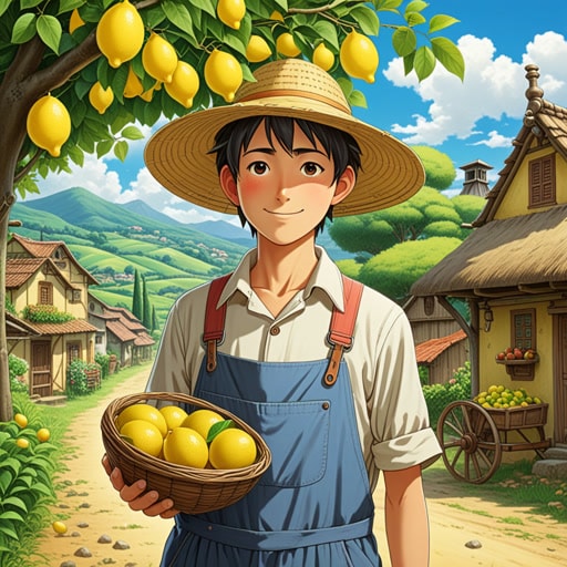 在一个小村庄里,有一个种植各种水果的农夫。一天,一个旅行者来到这里,请求一些水果。农夫给了他一个柠檬,旅行者发现柠檬很酸。然而,旅行者用这个酸柠檬制作了一杯清爽的柠檬水,这成为了村庄里的热门饮品。酸柠檬变成了甜蜜的成功。