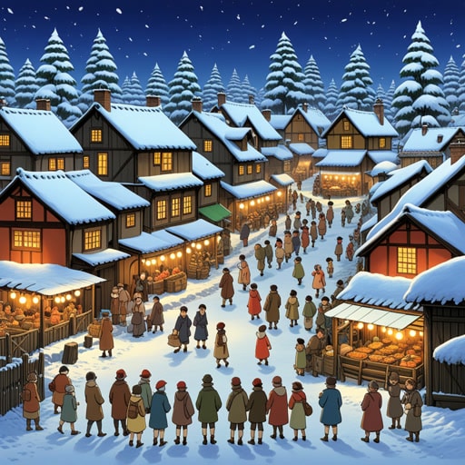 在一个小村庄里,有一个传统,每当第一场雪落下时,村民们会自发地聚集在镇广场上庆祝。有一年,雪来得早,没有事先计划,村民们都带来了食物和音乐,创造了一个自发持续整夜的节日。