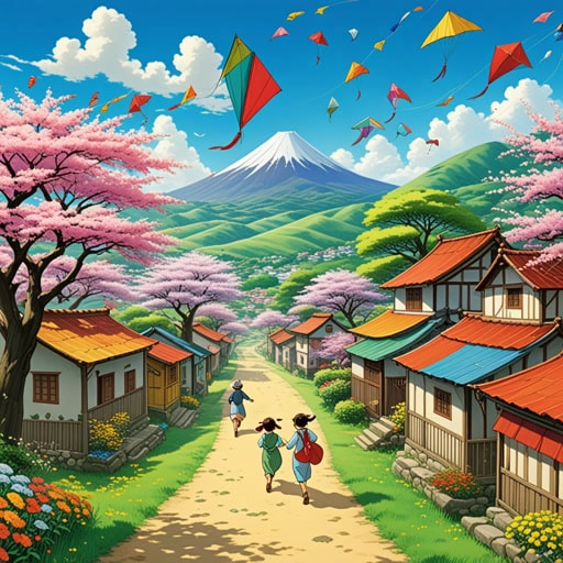 从前,在一个小村庄里,春天来临了,带来了五彩斑斓和生机。村民们举行了一个节日,在盛开的樱花树下跳舞和唱歌。孩子们放风筝,空气中充满了欢笑和喜悦。春天不仅仅是一个季节,它是幸福和新开始的时光。