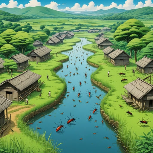 在一个小村庄里,有一个池塘多年来变得停滞不前。曾经充满活力的生态系统变成了蚊子和其他害虫的滋生地。村民们意识到,如果不采取行动,停滞的水可能会导致健康问题。他们决定清理池塘并恢复水的流动,使这个地区重新焕发生机。