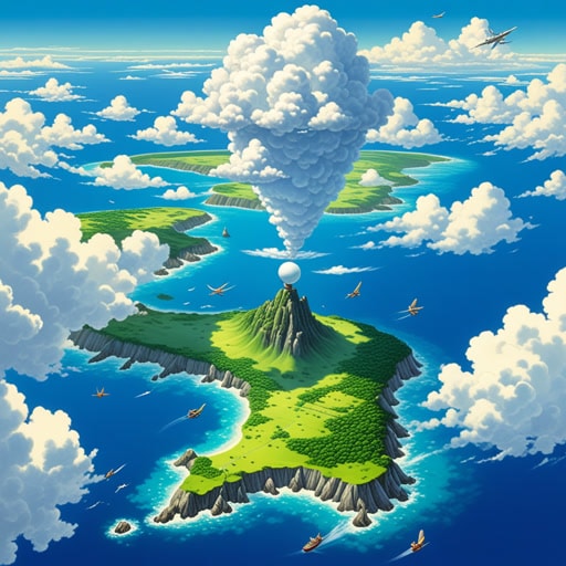 在广阔的平流层中,高高在上地离开地球表面,一架小飞机平稳地滑翔。飞行员斯特拉对平流层的宁静美景感到着迷。正是在这个大气层中,她感到最平静。一天,当她在平流层飞行时,她注意到下面的云层中有一个奇怪的图案。出于好奇,她稍微下降了一些去调查。令她惊讶的是,云层形成了一张通往一个隐藏岛屿的巨大地图。斯特拉在平流层的冒险才刚刚开始。